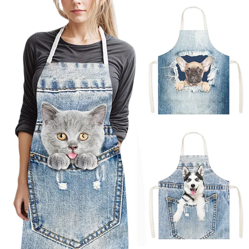 面白いカウボーイ猫犬頭調理エプロン子猫子犬女性ピナフォア家庭用クリーニング服シェフウェイターキッチンエプロン