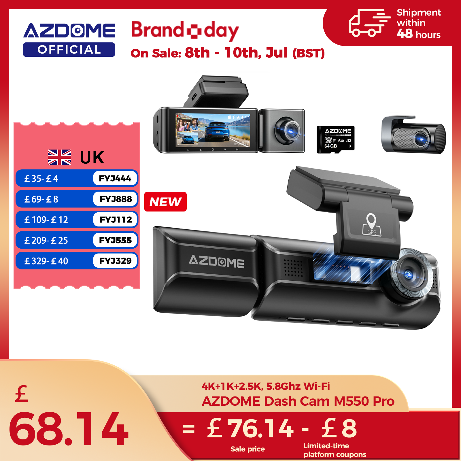 新しい AZDOME 4K M550 プロダッシュカムフロントリアインテリア 3 in 1 車カメラ 24H パーキングモニタースーパーキャパシタ 5G WIFI GPS ADASCar DVR