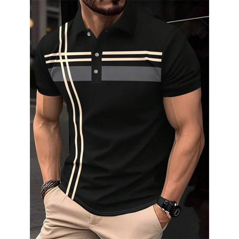 3D プリントカラフルなストライプのポロシャツ男性のファッションパターン半袖 Tシャツ夏カジュアルラペルトップス特大ポロシャツ