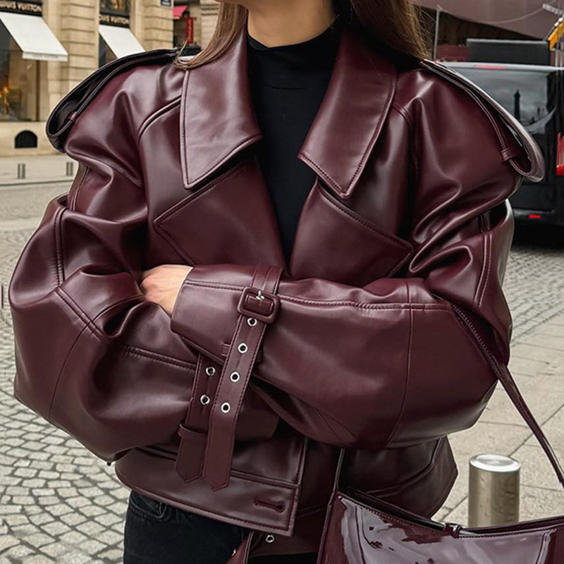ファッションラペルワインレッドレザー PU ジャケット秋冬女性のジャケットヴィンテージ長袖クロップコートベルトハイストリート新しいコート