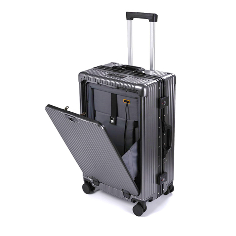 20/24 インチフロントオープニングスーツケースアルミフレーム PC ローリング荷物トロリーケース旅行スーツケース USB 充電搭乗ケース