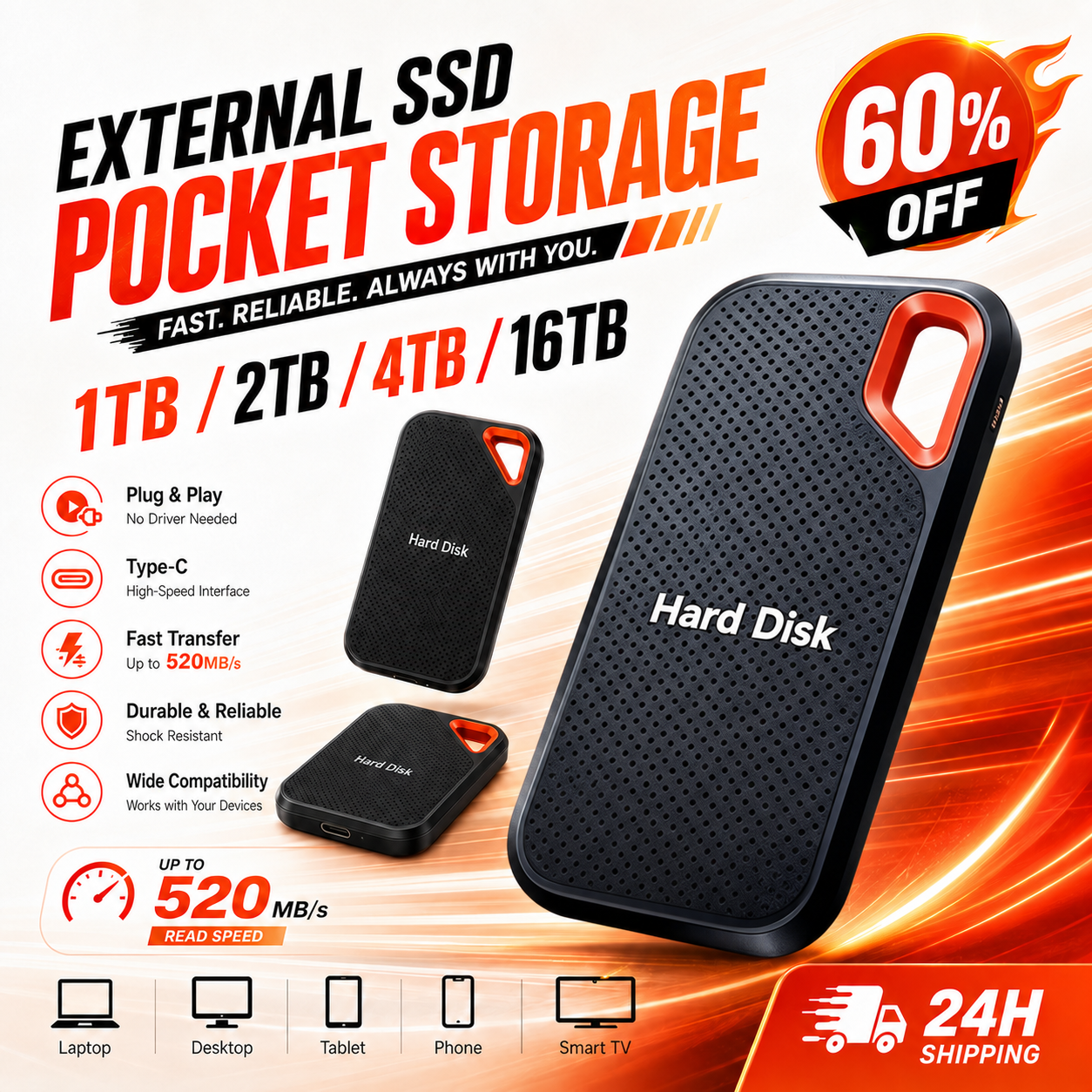 Portable SSD Thin Body External Hard Drive 2TB 4TB USB 3.1 Type-C Fast Data Storage for Laptops Mac Desktop Phone
