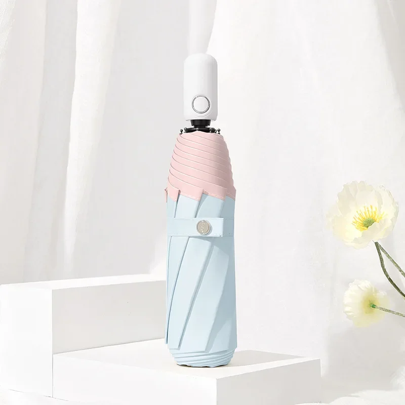 カラーコーティング UV 保護自動傘、女性用 3 折りたたみ大型防風日焼け止め雨と日傘傘