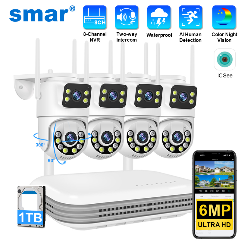 Smar WiFi セキュリティカメラシステム 6MP デュアルレンズワイヤレス IP カメラキット双方向オーディオ 8CH NVR