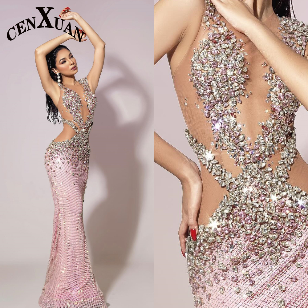 CENXUAN すっきりとしたノースリーブ O ネックの女性のイブニングドレスラインストーン床の長さのチュール Vestidos デ ガラカスタマイズ