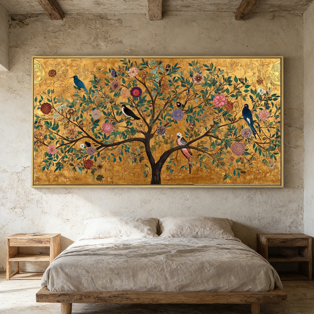 グスタフ・クリムト黄金の生命の木キャンバス絵画花と鳥の壁アートカラフルな咲く花ポスター印刷用リビングルーム