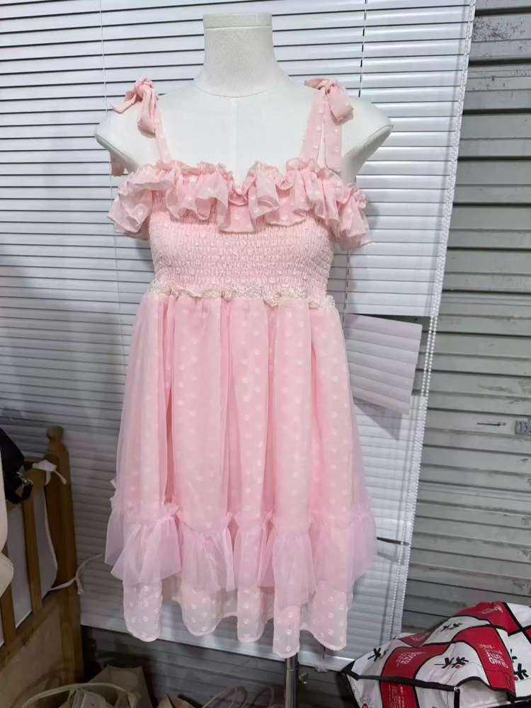 夏の新ピンクパッチワーク水玉かわいいドレススーツ女性のデザイナーかわいい優しいロリータスリング緩い甘いドレス女性