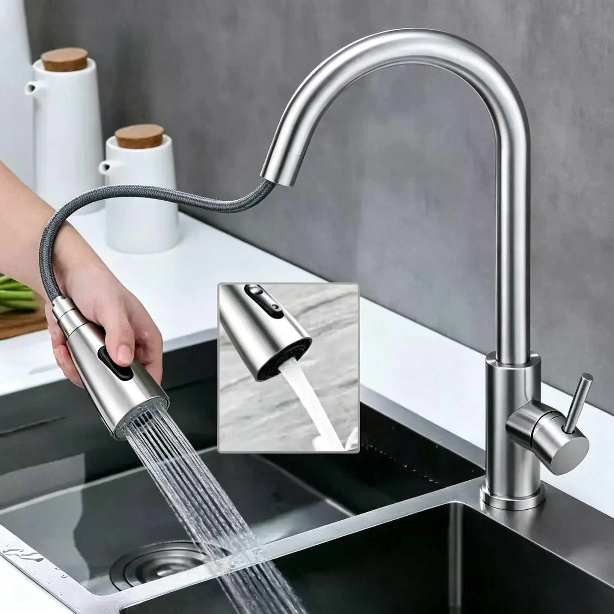 キッチンでの使用に適したハイエンド伸縮蛇口1セット、2つの水流モード、シンクの隅々まで簡単に掃除できます。