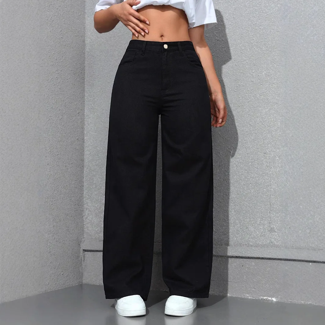 デニムワイドレッグパンツ女性ストリートジーンズウォッシュ加工ハイウエストストレートパンツ女性のヴィンテージの基礎床の長さ