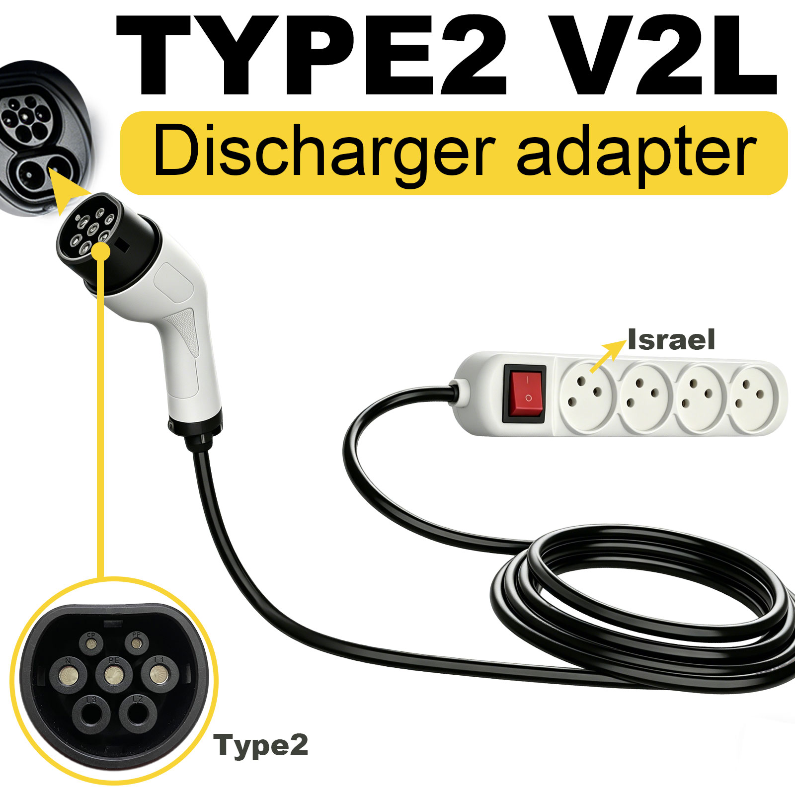 Type2 V2L 放電アダプターイスラエルソケット EV から屋外発電所 forZEEKR GWM BYD MG LEAPMOTOR Jaecoo Geely EX5 Omoda Nammi
