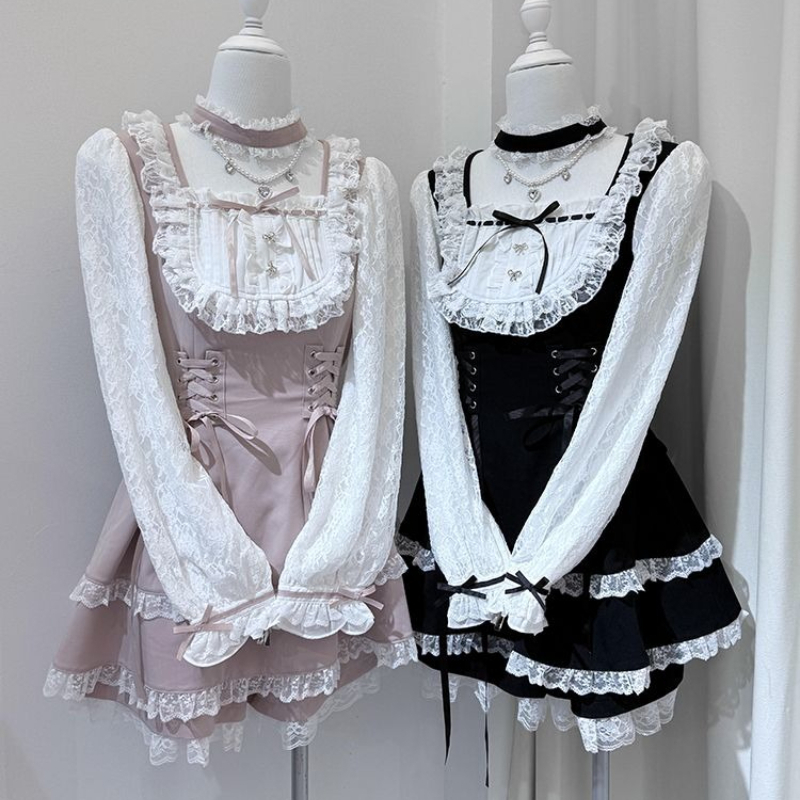 日本ゴシック Y2k ラインストーンボウドレスセット女性スウィートロリータスタイルレースフリル包帯スリムドレスかわいいティーパーティードレス