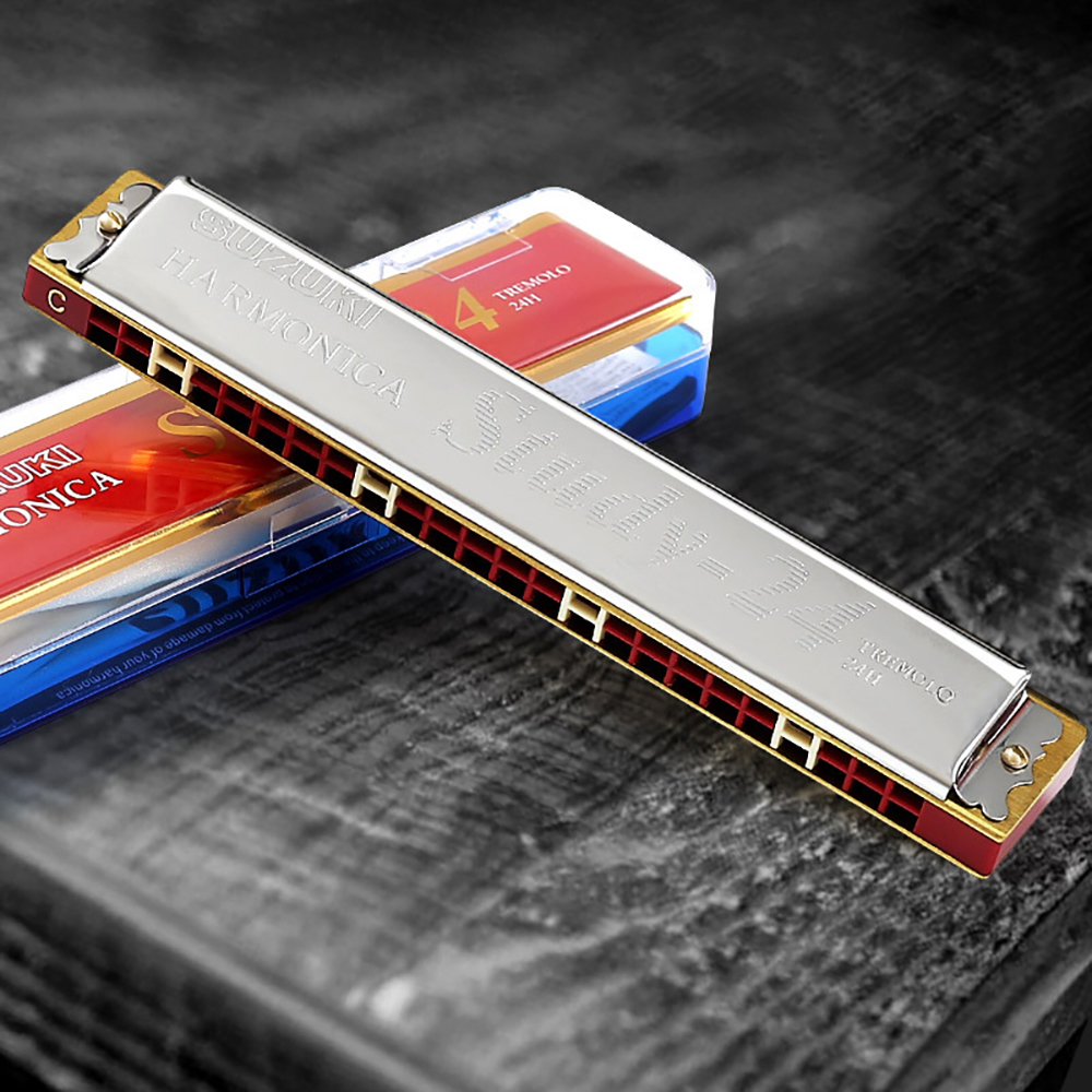 トレモロハーモニカ 24 穴キー C A F G マウスオルガン 初心者用 シルバー ブルースハープ キット ケース付き 子供 大人用