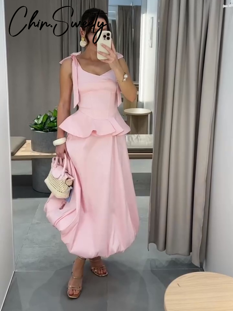 Sexy Pink Vest Skirt Women Set Lace Up Zippers Slash Neck Ruffles Patchwork Top Pleated Skirts 2026 Summer Lady Suit New