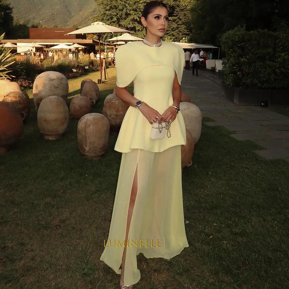 Yellow Crepe-Chiffon Evening Dresses With Slit 2-Pieces A-Line Cap Sleeve فساتين سهرة Long O-Neck Prom Dress 2026 Customized