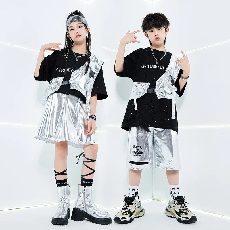 子供黒 Tシャツヒップホップシルバーベストストリートダンスショーツガールズスパンコールスカートティーンボーイズジャズ服セット夏のステージ衣装