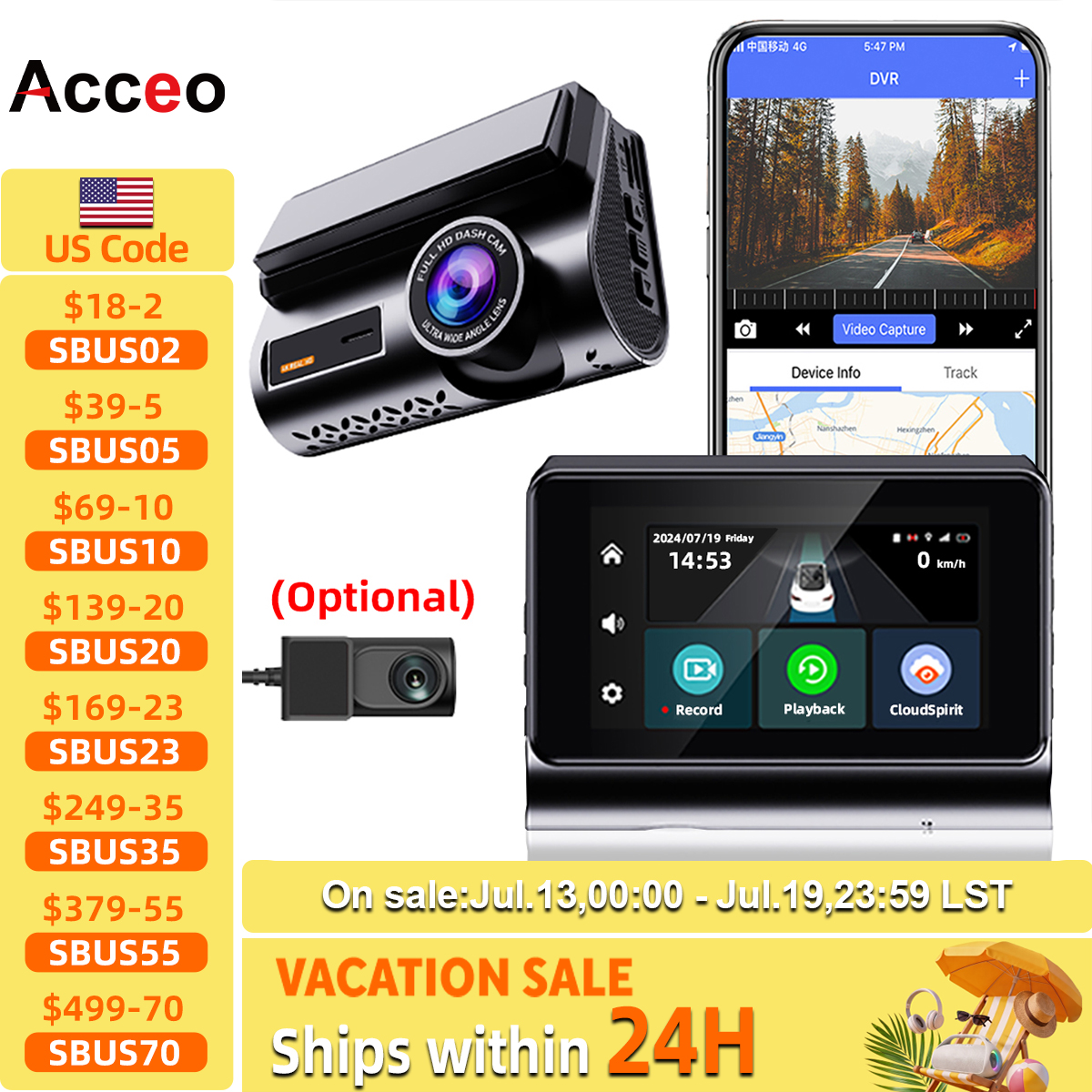 ACCEO 4G LTE GPS ダッシュカム - リモートライブビュー、フル HD ナイトビジョン録画、24 時間駐車モードをサポート