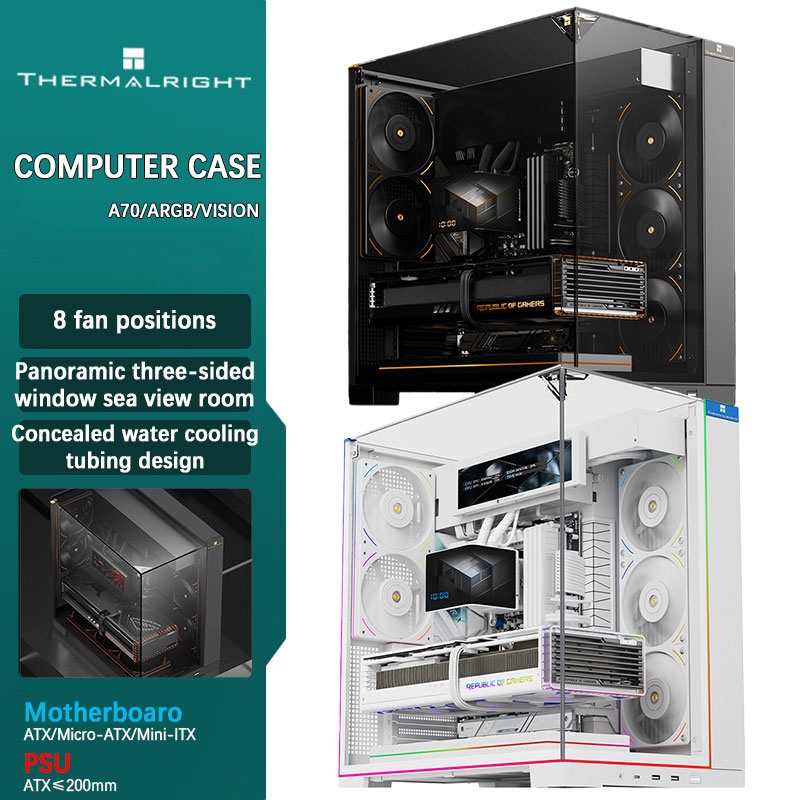 Thermalright A70 パノラマ ピラーレス ミッドタワー ゲーミング デスクトップ ケース - 3 面ガラス パネル / 360mm 液体冷却をサポート