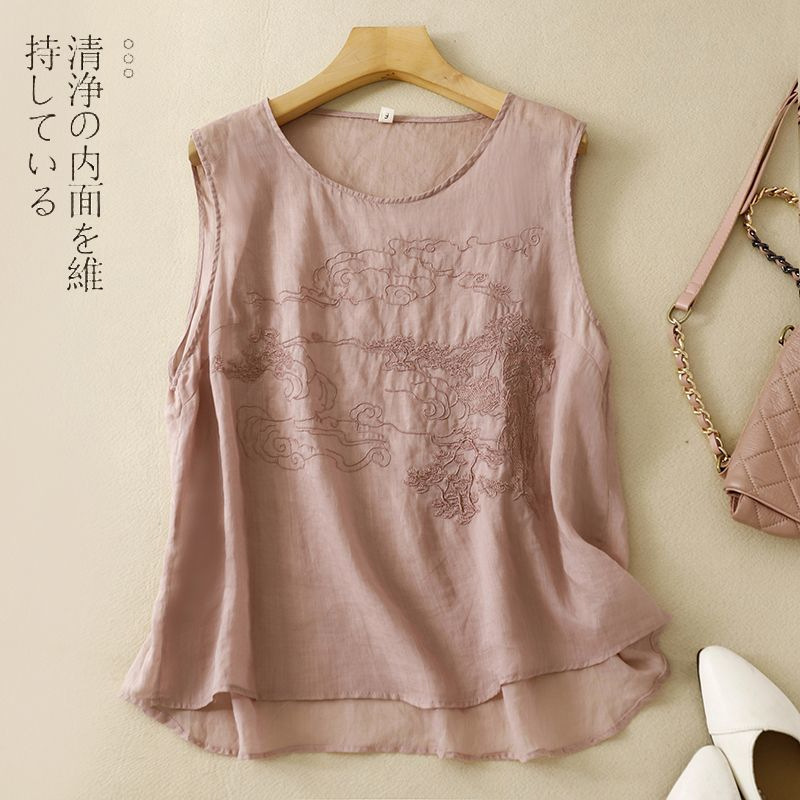 夏の女性のリネンブレンドトップラウンドネックノースリーブブラウス中国風景刺繍ルーズカジュアルベスト