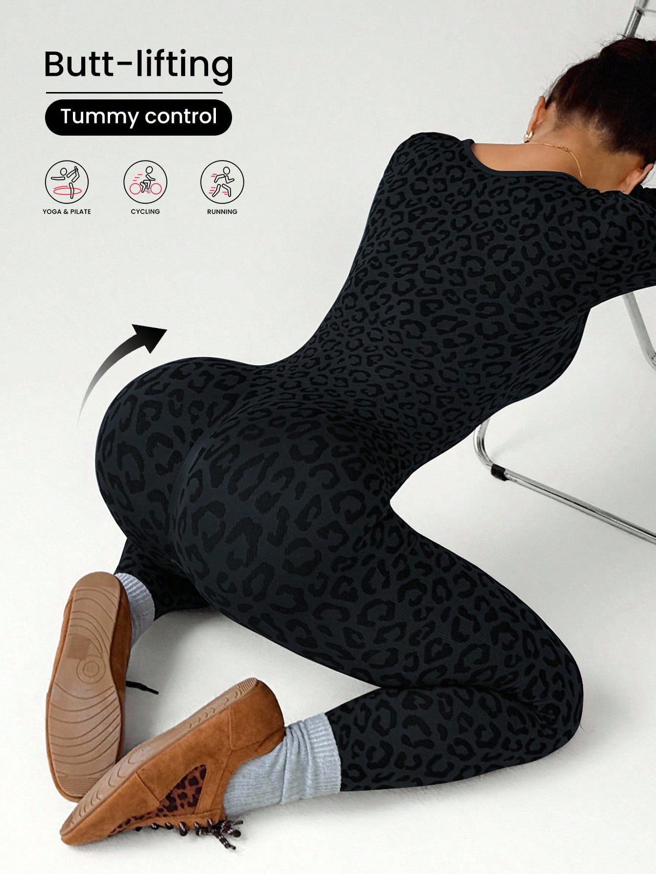 Spicy girl style leopard print tight jumpsuit for slimming, hip hugging, U-shaped collar, long sleeved elastic jumpsuit