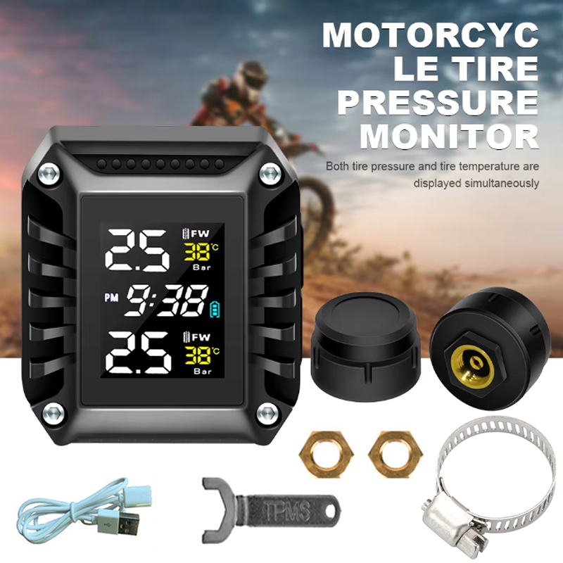 オートバイ TPMS 2 外部センサーバイクタイヤ空気圧モニターリアルタイムタイヤ空気圧監視警報システム時間表示