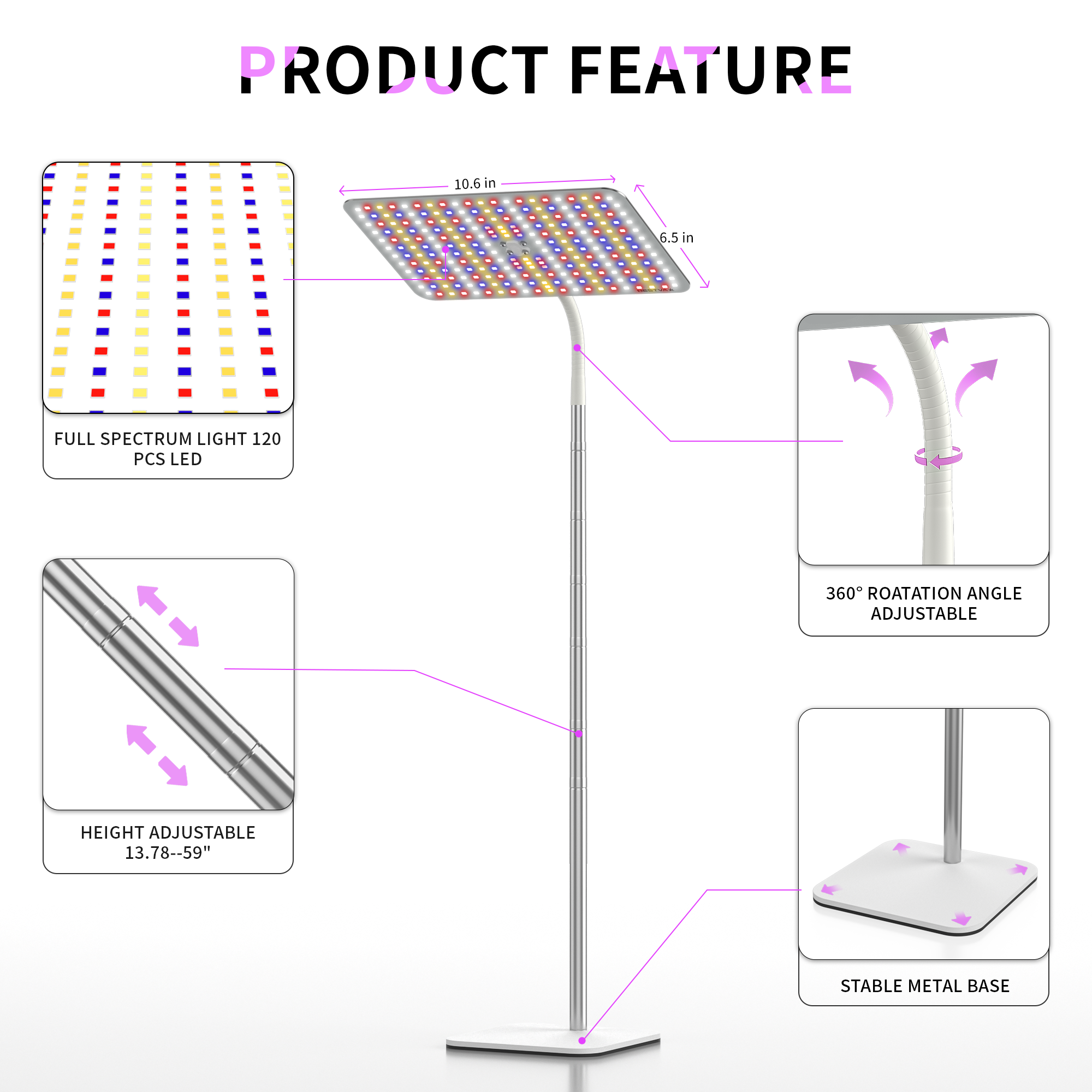 BESTVA 36W スタンド付き成長ライト フルスペクトル LED 植物ライト 12-59 インチの高さ調節可能 タイマー調光可能な明るさ