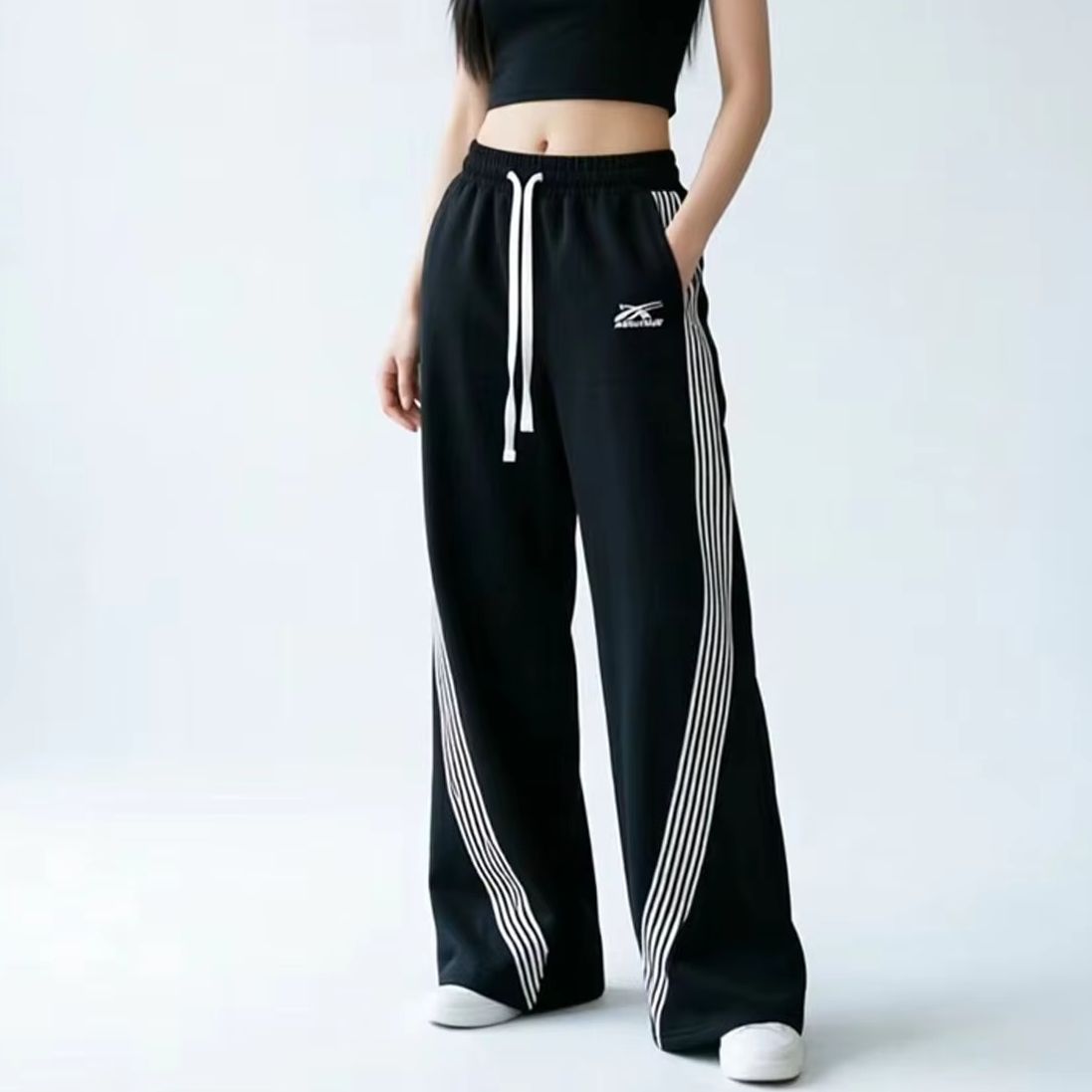 Y2k だぶだぶ黒ヒップホップパンツ女性の巾着ストレート脚ルーズストライプジョギング原宿スウェットパンツレトロ女性のストリート