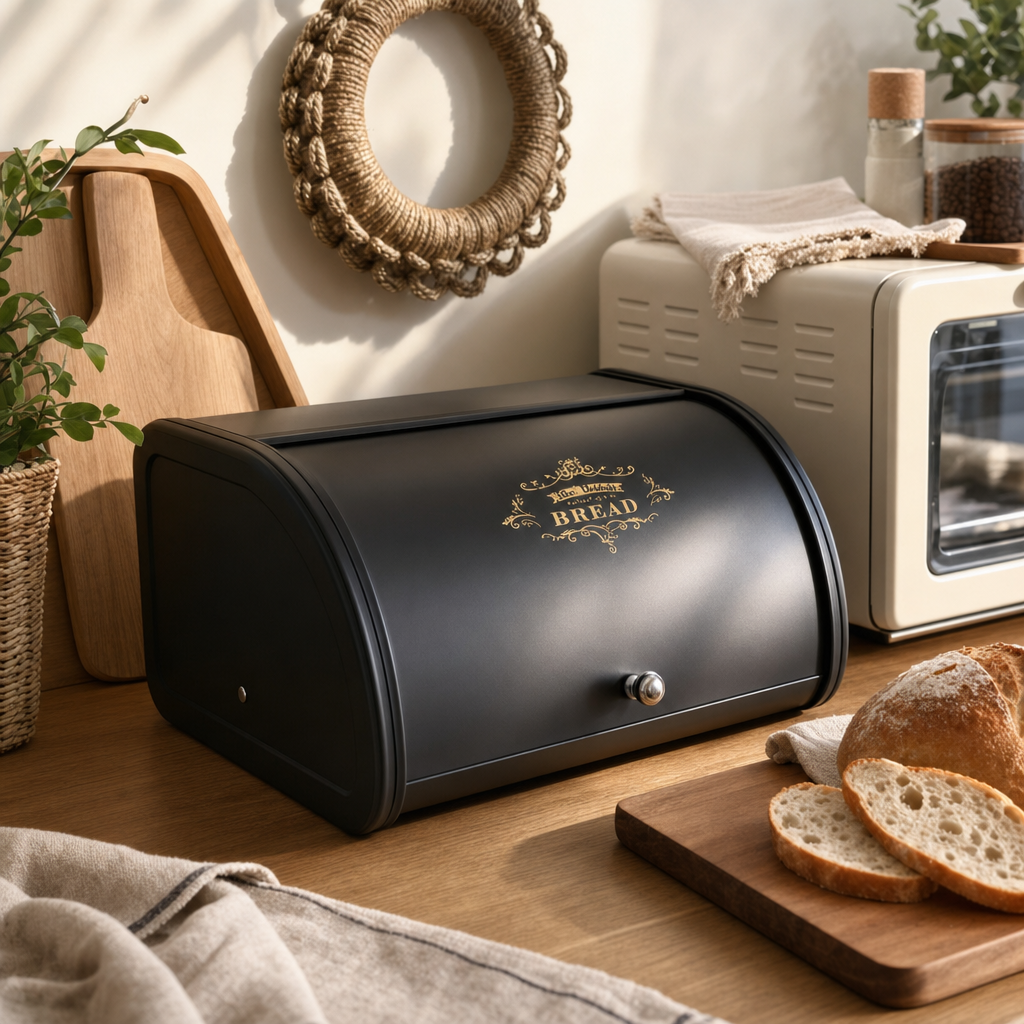 蓋付き金属製ブレッドボックスブラック屋外ブレッドボックスキッチン収納容器ホームロールトップ食品容器大容量収納ボックス