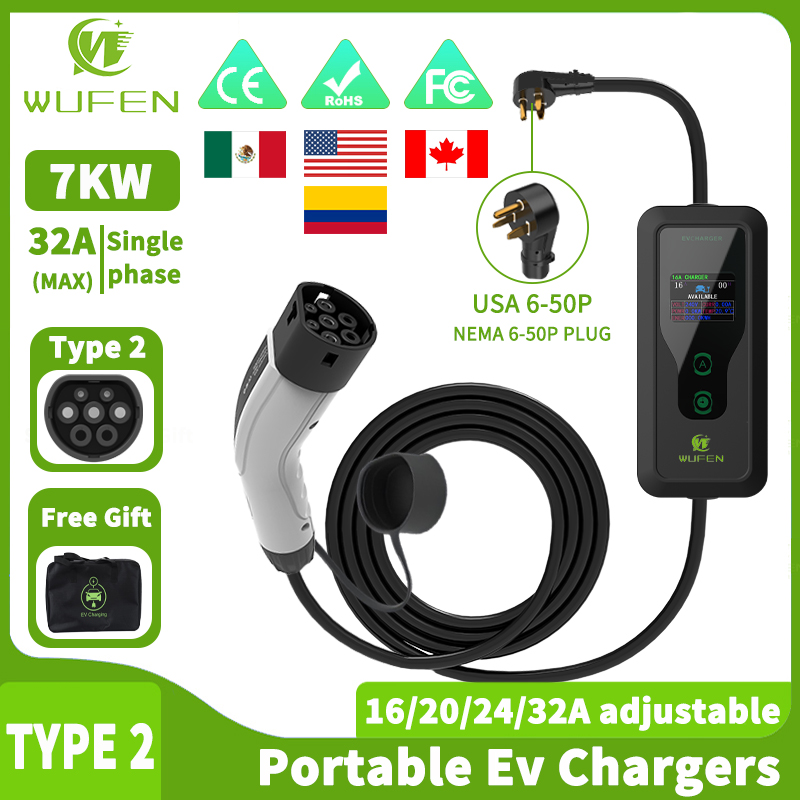 WUFEN EV ポータブル充電器 Type2 7.6KW 240V モード 2 タイプ 2 EV 充電器 32A 1 相 5 メートル充電器ケーブル IEC 62196-2 電気自動車用