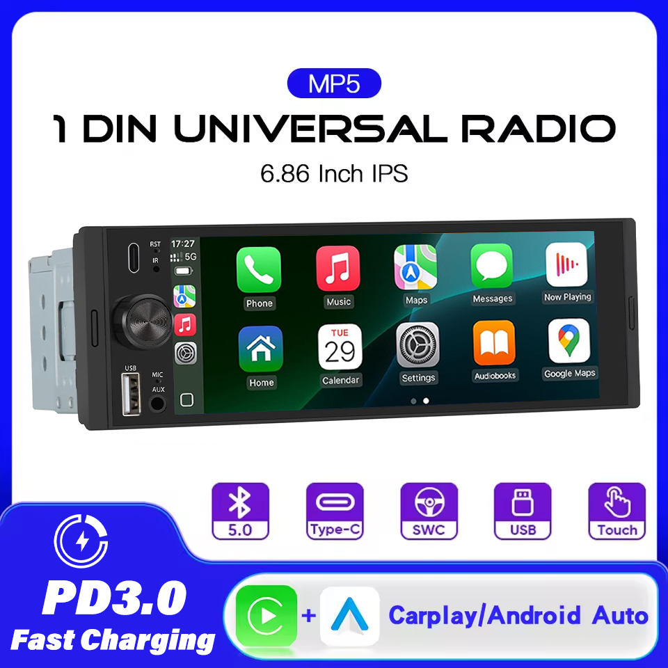 1DIN 6.86 インチユニバーサル MP5 カーラジオサポートワイヤレス Carplay Android AUTO AUX USB BT タッチスクリーンマルチメディアビデオプレーヤー
