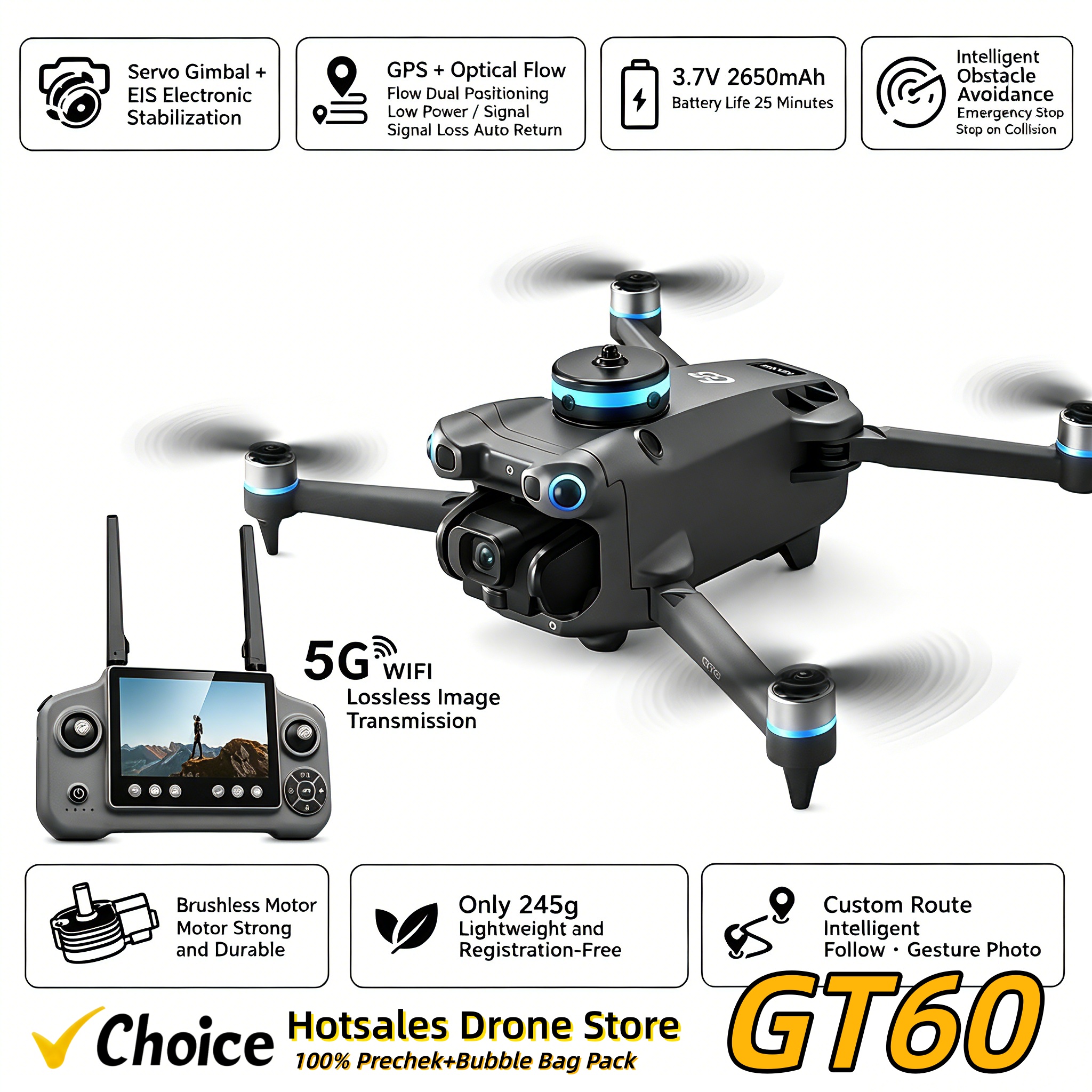 新しい GT60 GPS ドローン高解像度航空写真クアッドコプター、エアドロップ障害物回避および屋外用復帰機能付き
