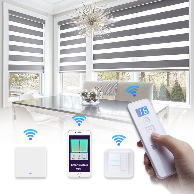 遮光電動ゼブラローラーブラインド二重層屋内水平自動バッテリー駆動スマートゼブラブラインド窓用