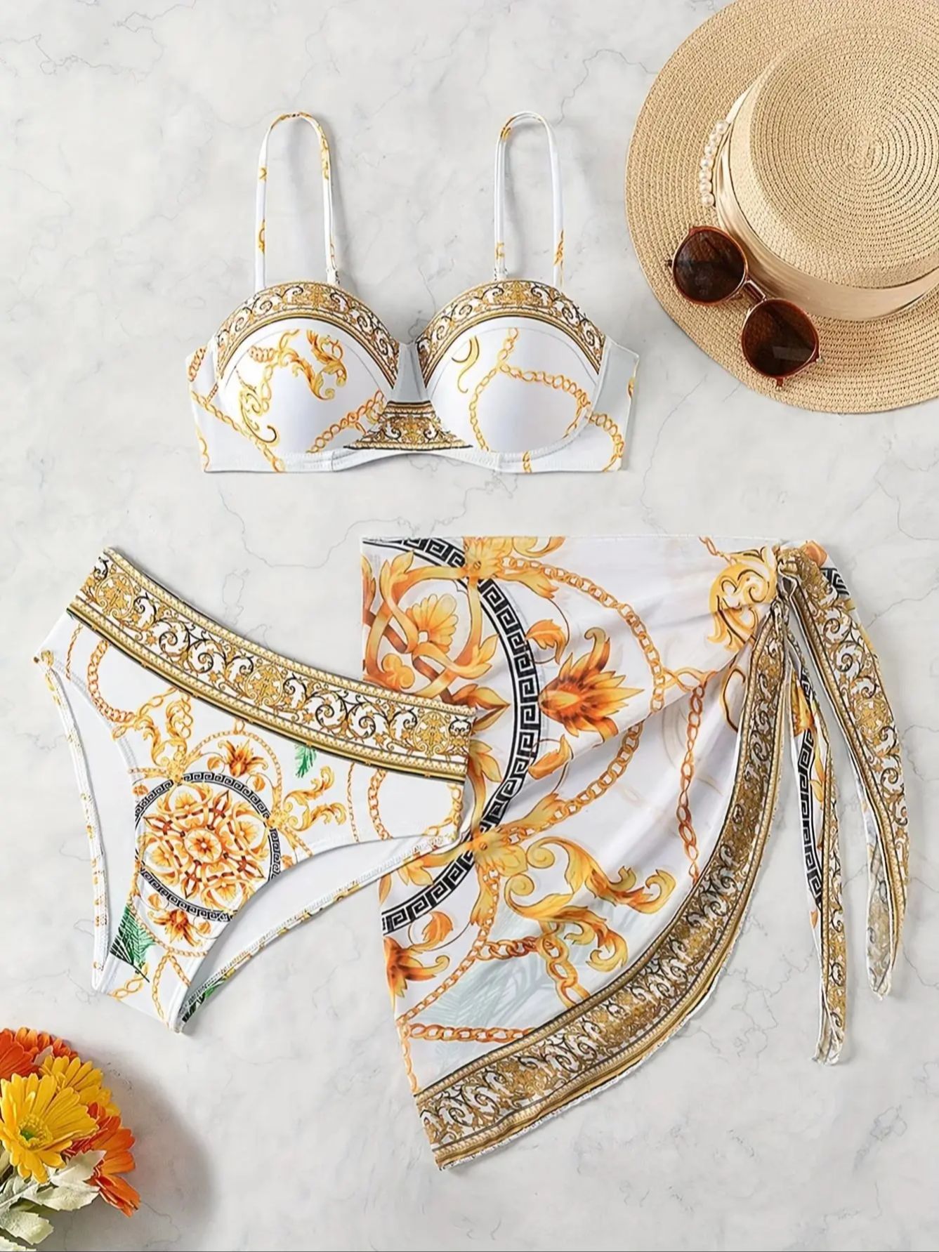 Summer Beach Vacation Chain Print Wrap Dress Bikini Swimwear Three-Piece Set for Women