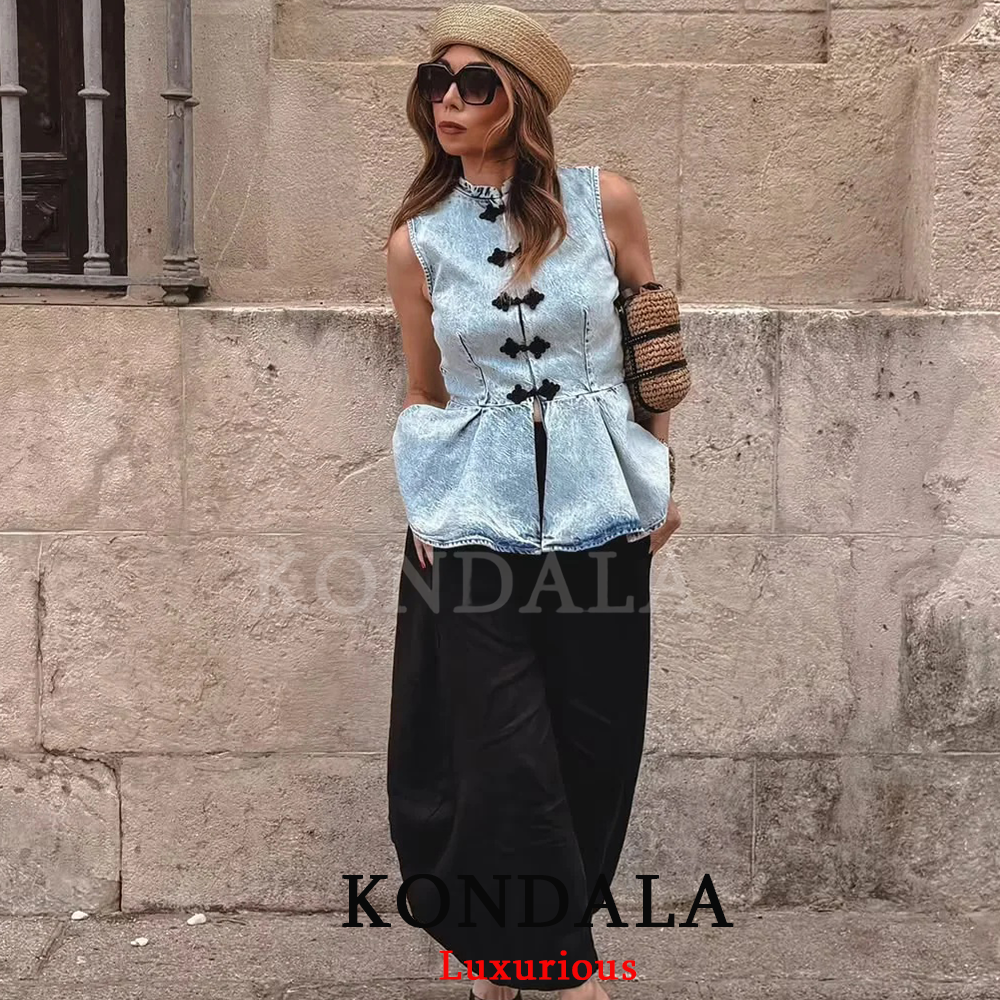 KONDALA ストリートシックな女性デニムタンクトップノットボタンノースリーブ O ネックトップ新ファッション 2026 サマーホリデーパーティータンクトップ