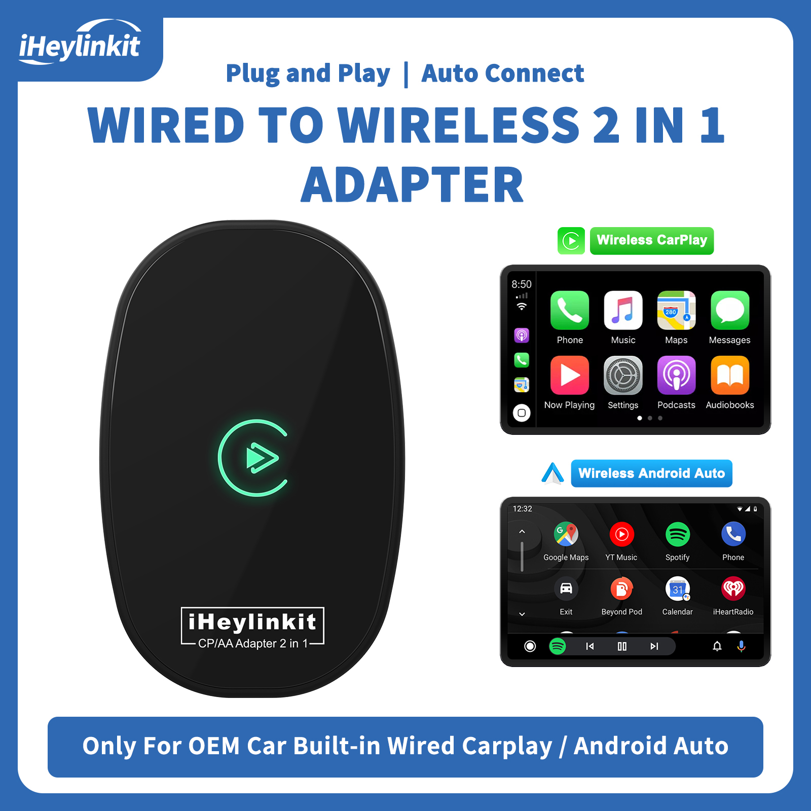 iHeylinkit 2 in 1 有線ワイヤレス CarPlay Android 自動アダプタースマートミニボックスプラグアンドプレイ WiFi 高速接続カーアクセサリー