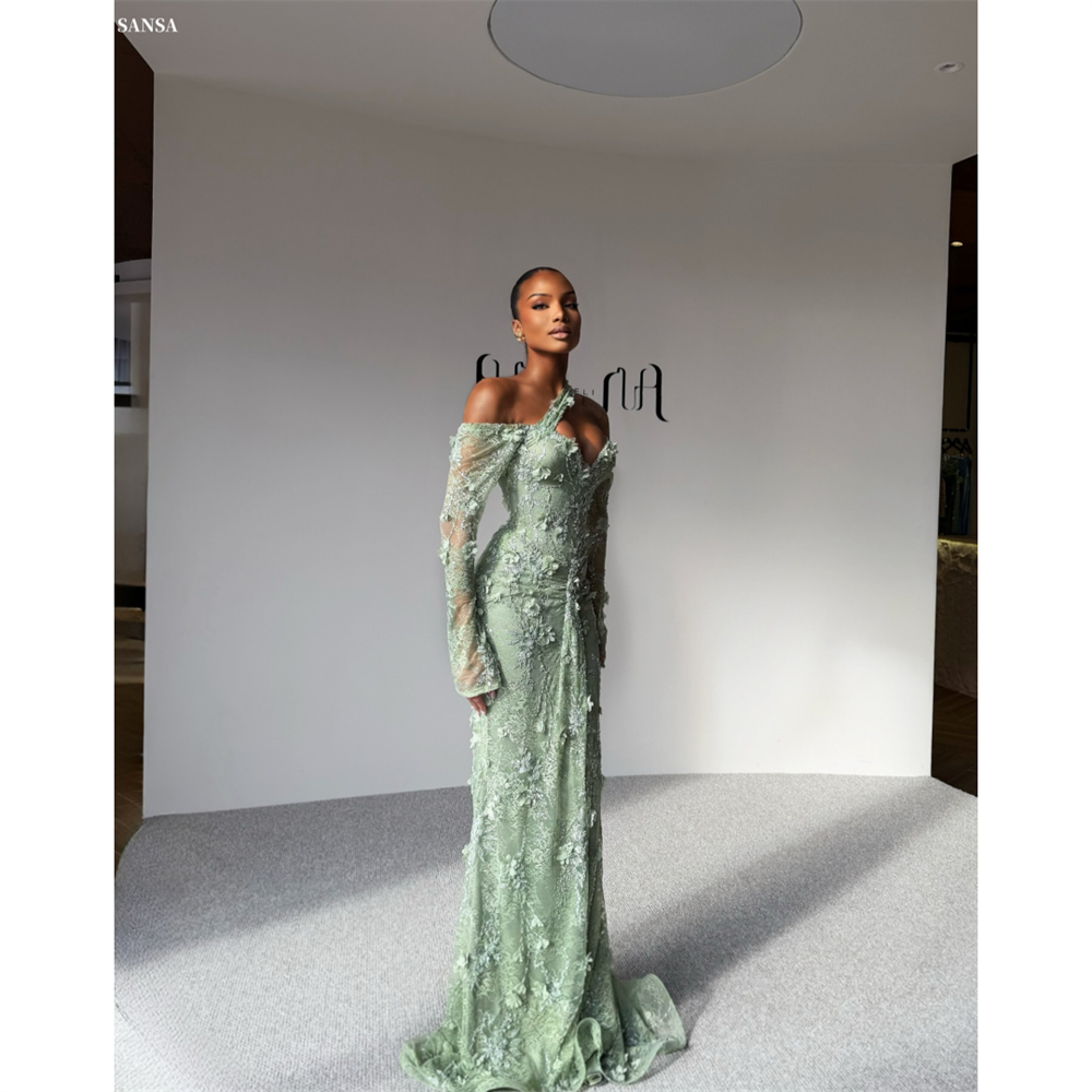 Sansa カスタマイズされたセージグリーンマーメイド 3D フラワープリーツウエディングドレス長袖 Vestidos De Noche フロアレングスフォーマルイブニング 2025