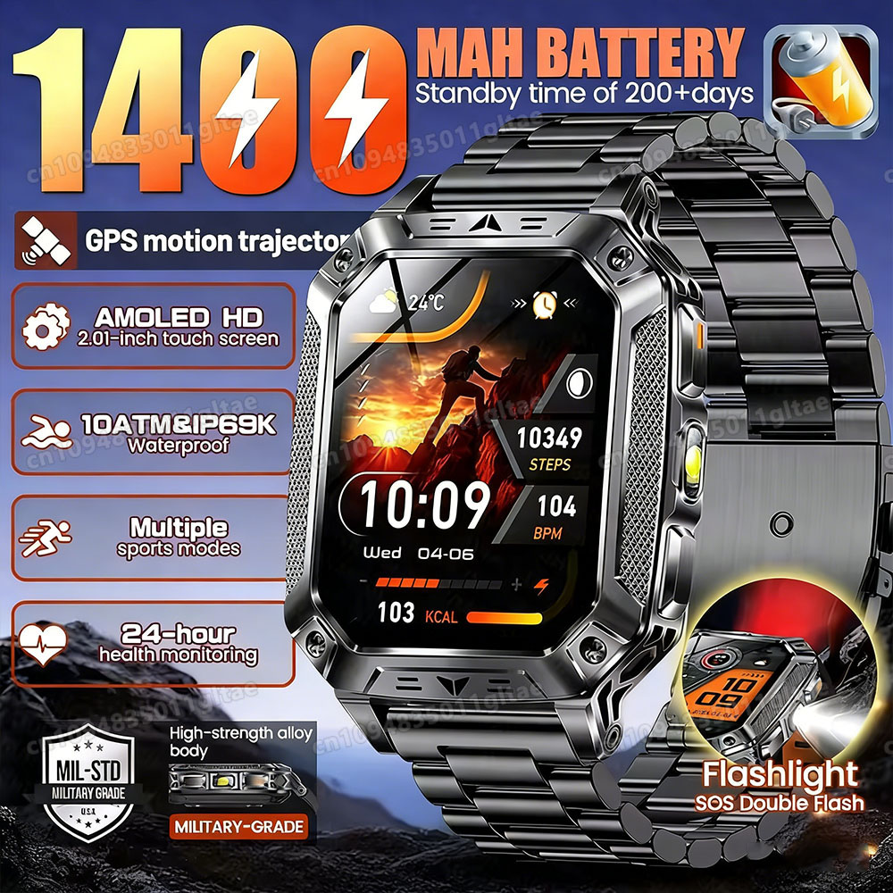 1400mAh ビッグバッテリースマートウォッチメンズ屋外 GPS 懐中電灯 10ATM 防水 Bluetooth 通話 AMOLED HD スポーツスマートウォッチ AT-1282