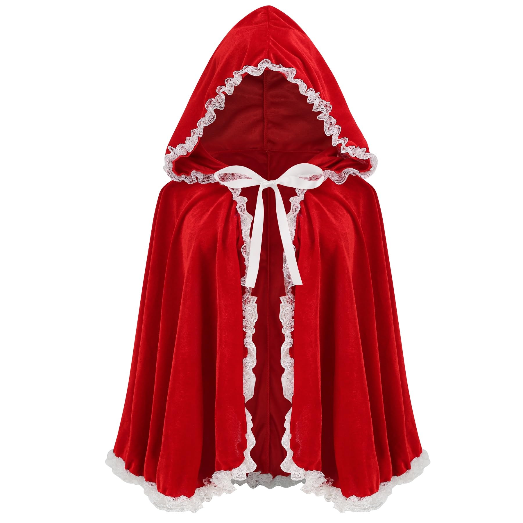 レッドベルベットホワイトレースフード付きベルベットケープレディースケープハロウィンクリスマスコスプレパーティーファンシーケープ