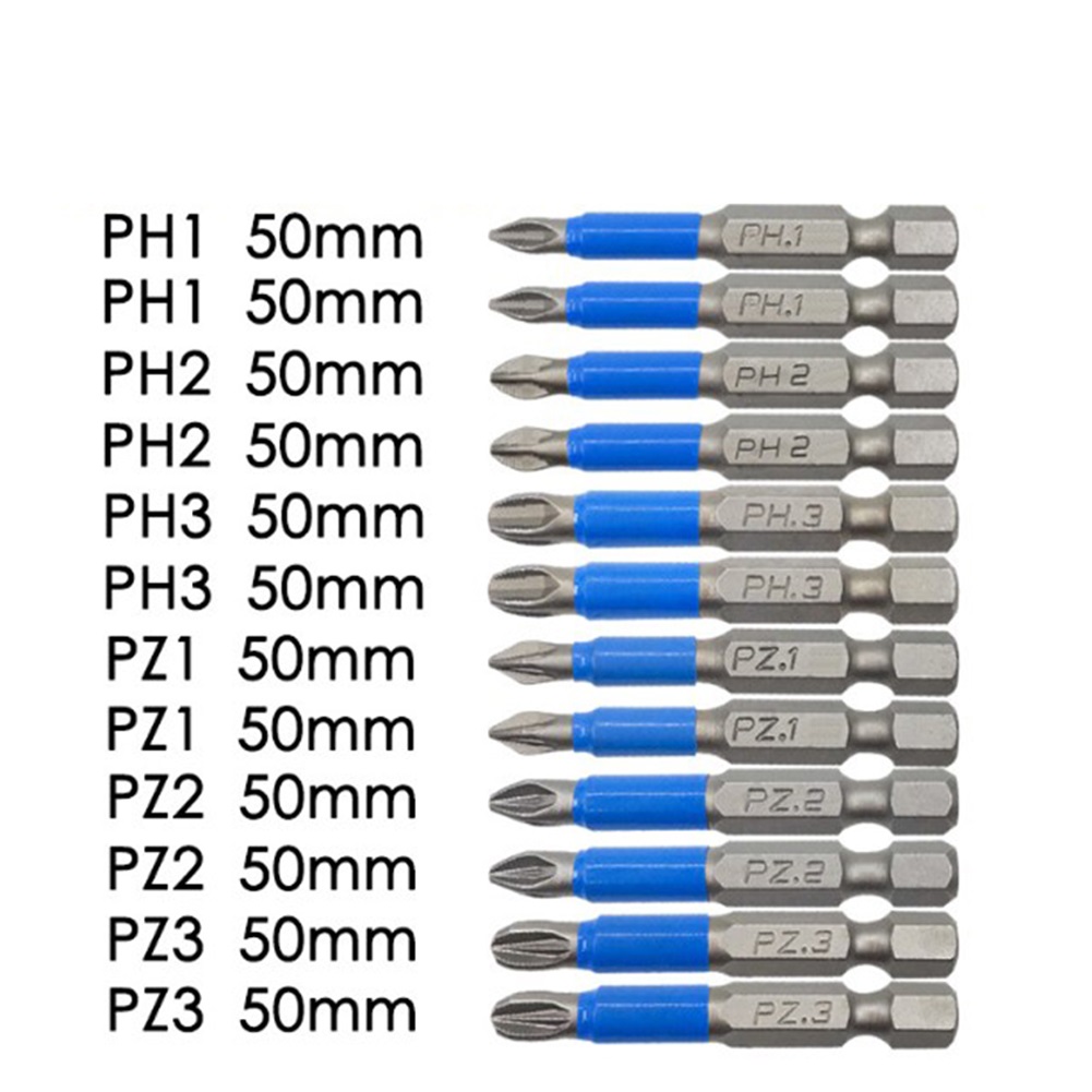 12 個 PH1 PH2 PH3 PZ1 PZ2 PZ3 高硬度青色合金鋼ドライバー磁気電動ハンドツール 50 ミリメートルドライバービットセット