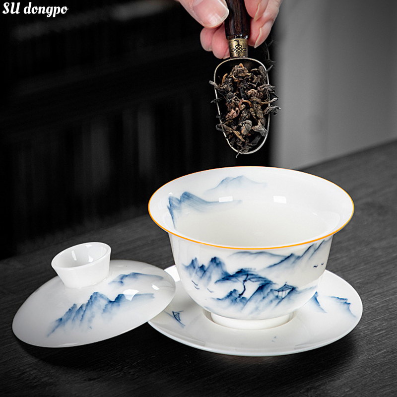 羊脂肪翡翠磁器白ガイワンセラミック手描きグリーンヒルカンフーティーセット中国風
