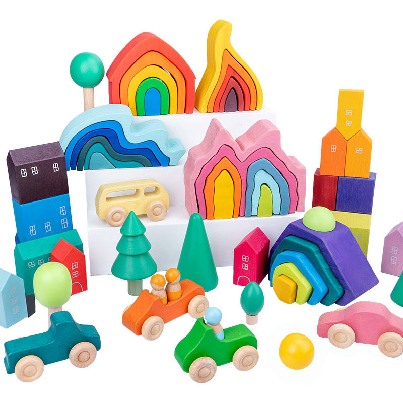 子供のモンテッソーリ木製ビルディングブロック早期教育知育玩具ツリー炎ハウス石レインボーブロック木のおもちゃ