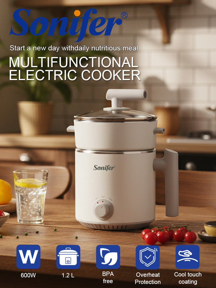 Sonifer SF-1505 ミニ電気炊飯器 1.2L 600 ワット 2 層鍋蒸しと沸騰 304 ステンレス鋼ラーメン鍋卵蒸し器