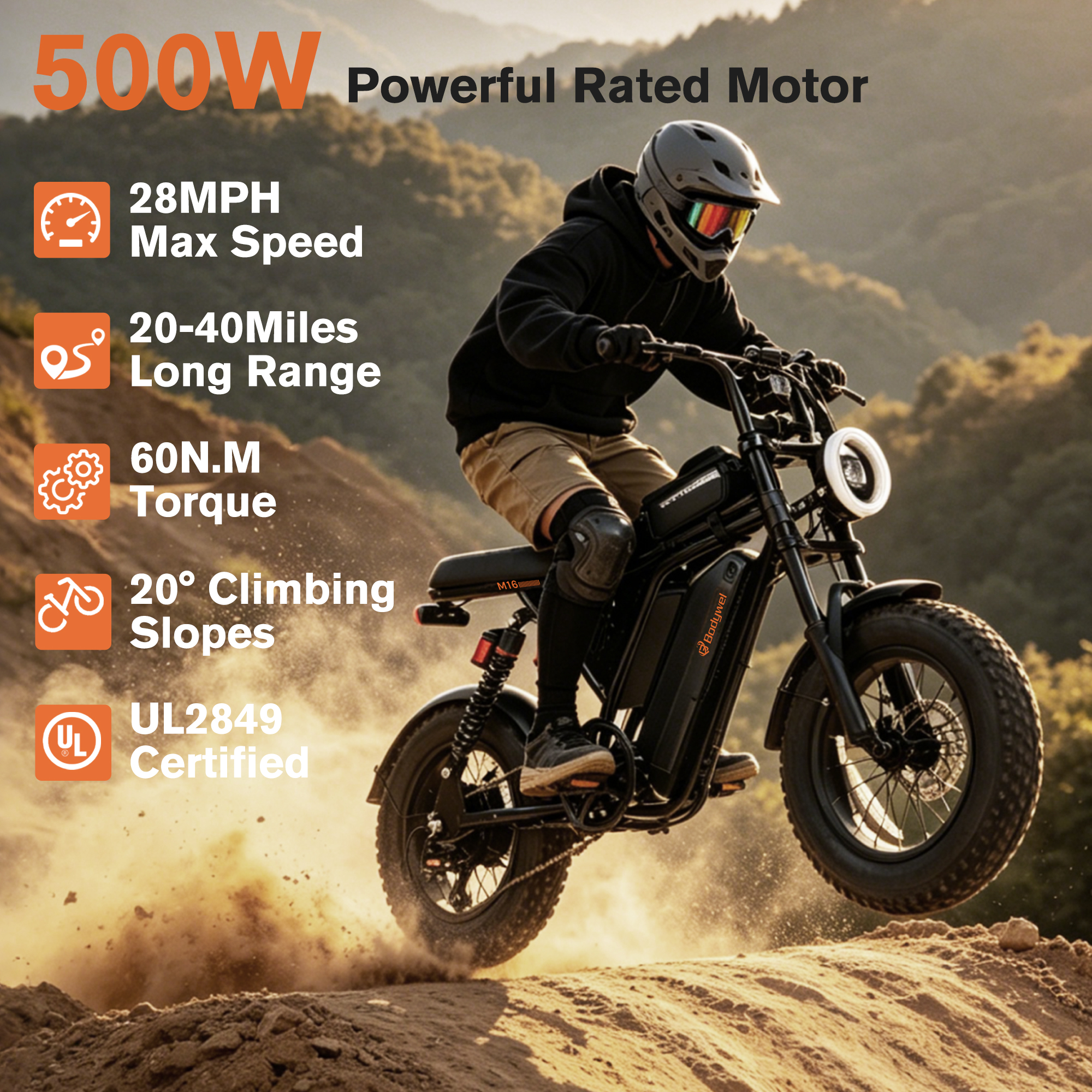 Bodywel M16 ファットタイヤ電動自転車 16 インチ x 4.0 オフロード電動自転車 40 マイル範囲 取り外し可能なバッテリー電動自転車