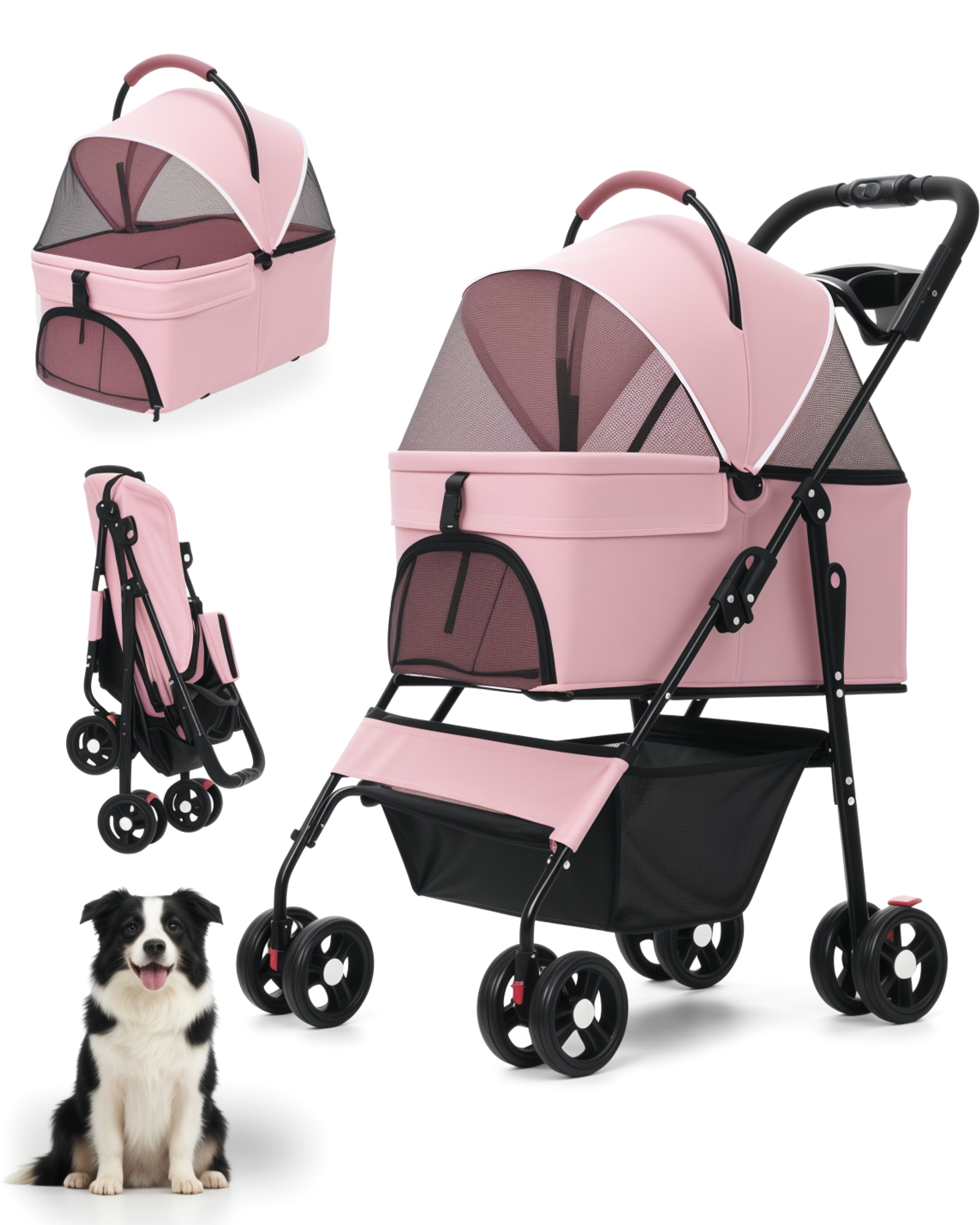 取り外し可能なペットキャリア付きポータブルペットベビーカー小型から中型の猫と犬用の折りたたみ式ベビーカー