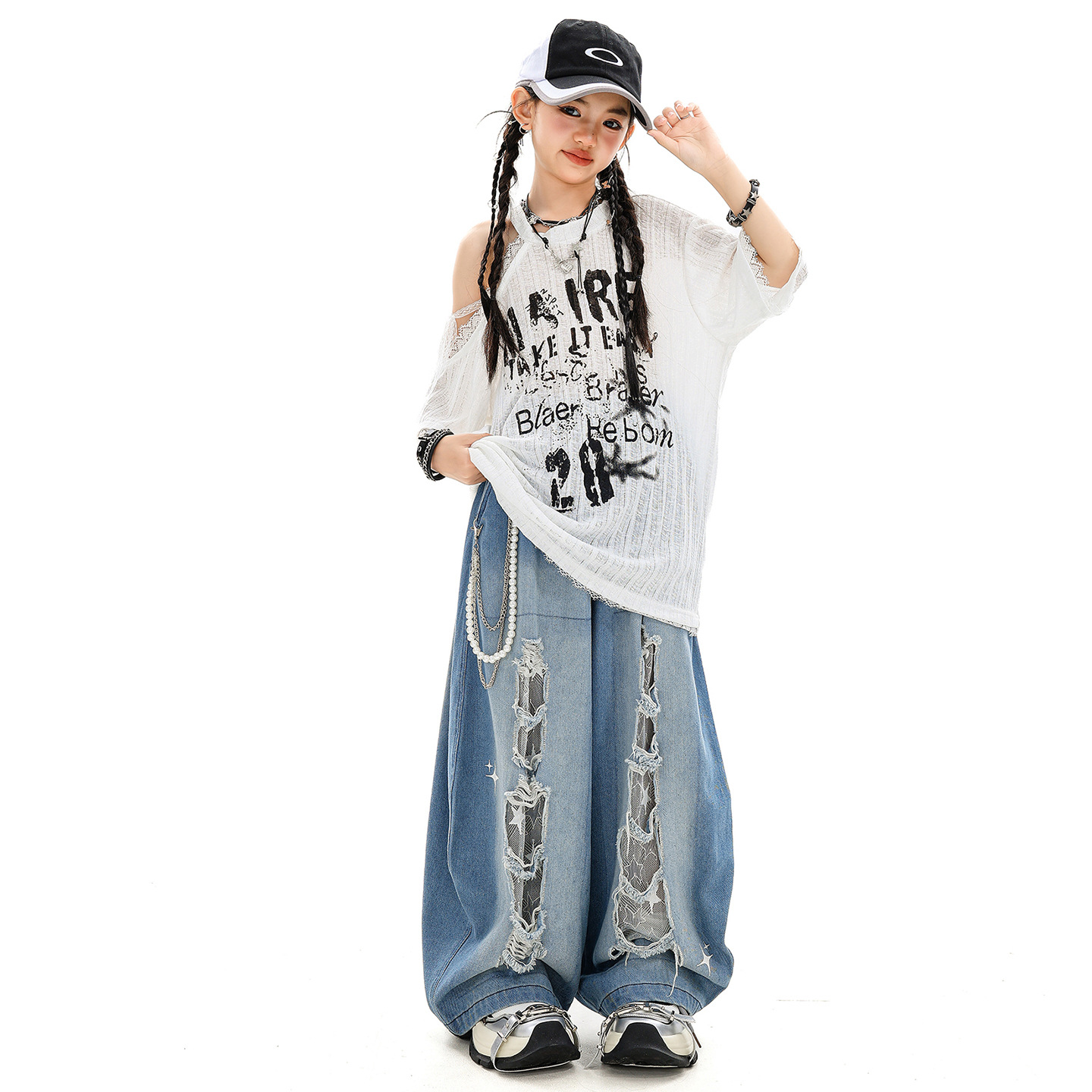 Kid Hip Hop Clothing White Off Shoulder T Shirt Denim Blue Casual Distressed Ripped Jeans Pants for Girl Dance Costumes Clothes