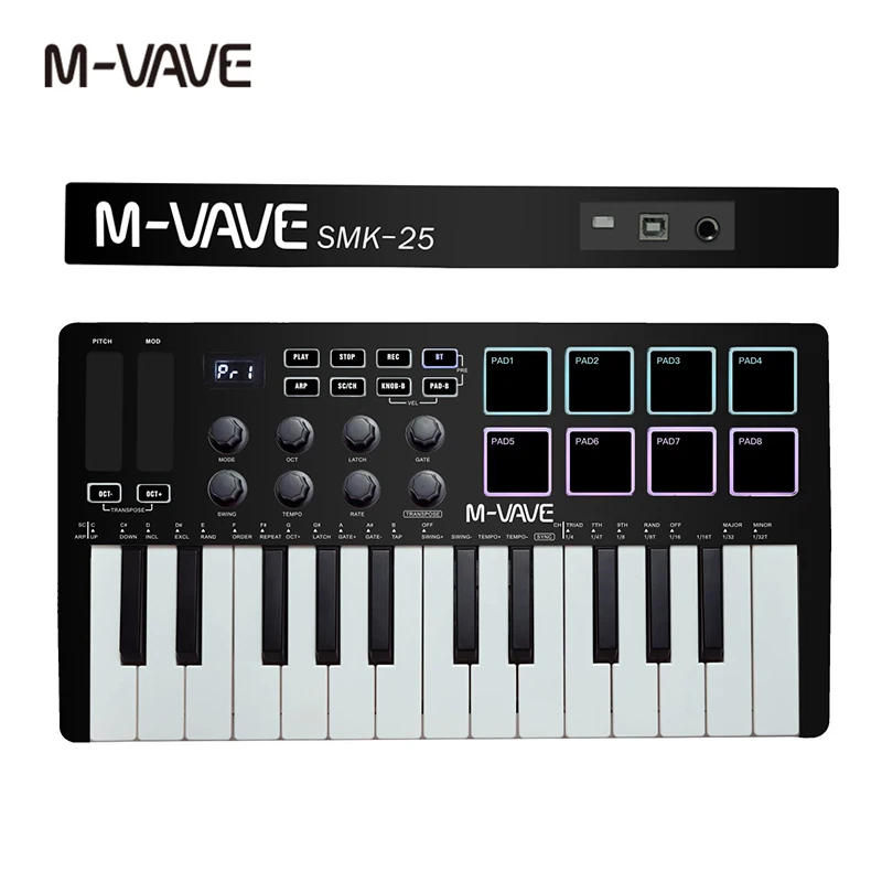 M-VAVE ポータブル MIDI 25 キー USB MIDI キーボード コントローラー 8 バックライト付きドラムパッド 8 ノブ 8 RGB 音楽キーボード楽器
