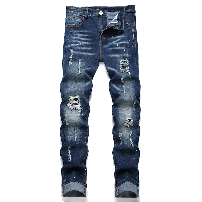新しいペイントスポットリッピングファッションジーンズメンズスプライシングストレッチスリムパンクデニムパンツ人格ストリート男性ズボン