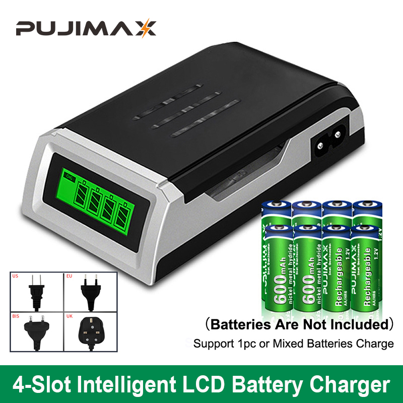 PUJIMAX 4 スロットスマート 1.2V バッテリー充電器充電ケーブル付き LCD ディスプレイ AA/AAA NiMH NiCd 充電式電池アダプター用
