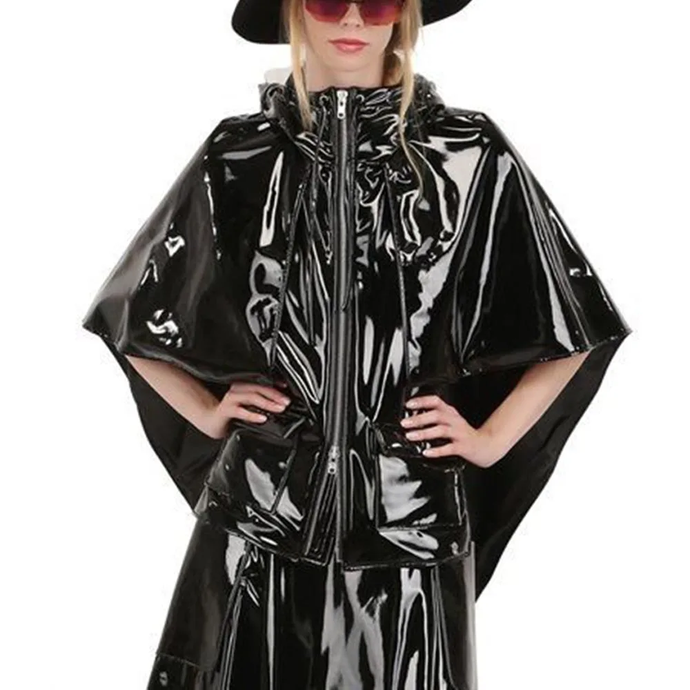 ファッションレディース光沢のある PVC フード付きケープマントジッパーポケットノースリーブ Wetlook コートクラブストリートゴシックロリータケープパーティークラブ
