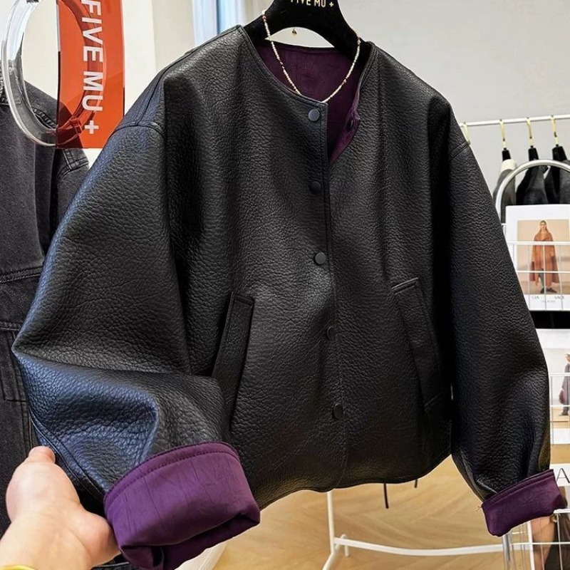 高級ハイエンドパッチワークレザージャケット女性の春秋 Pu レザーコートヴィンテージ O ネックボタンアウター長袖トップ