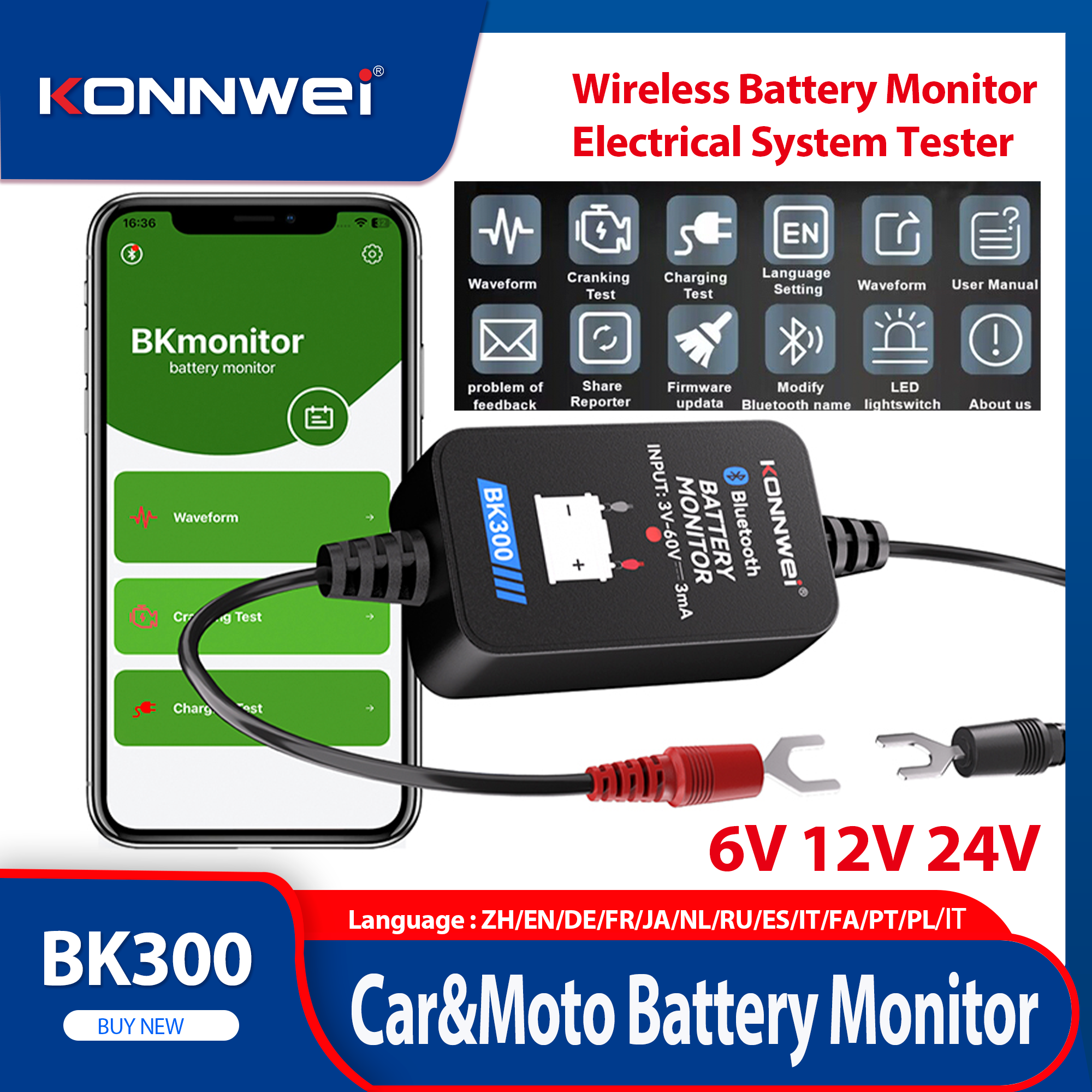 2026 KONNWEI BK300 車バッテリーモニターツールワイヤレス Bluetooth5.0 バッテリー状態監視バッテリーテスターツール Android IOS 用